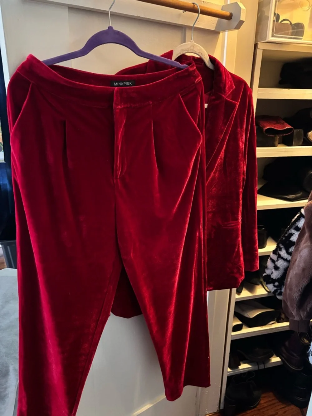 MINKPINK Vibrant Red Velvet Single-Button 2 piece Suit (Blazer and pants) - Picture 3 of 8